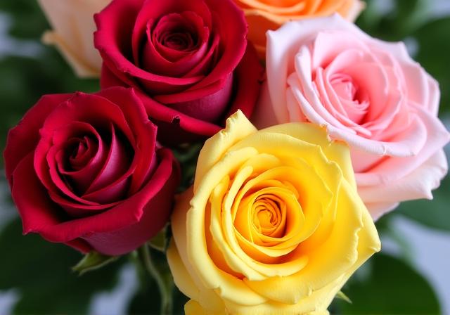 Primo piano di rose di diversi colori: rosse, gialle e rosa